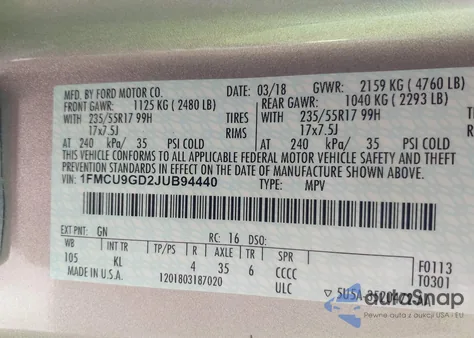 2018 Ford Escape Se z USA, uszkodzony, nr VIN 1FMCU9GD2JUB94440